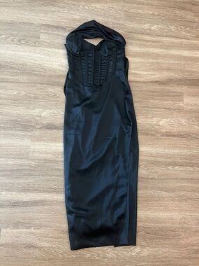 PrettyLittleThing Black Satin Strapless Corset Midi Dress